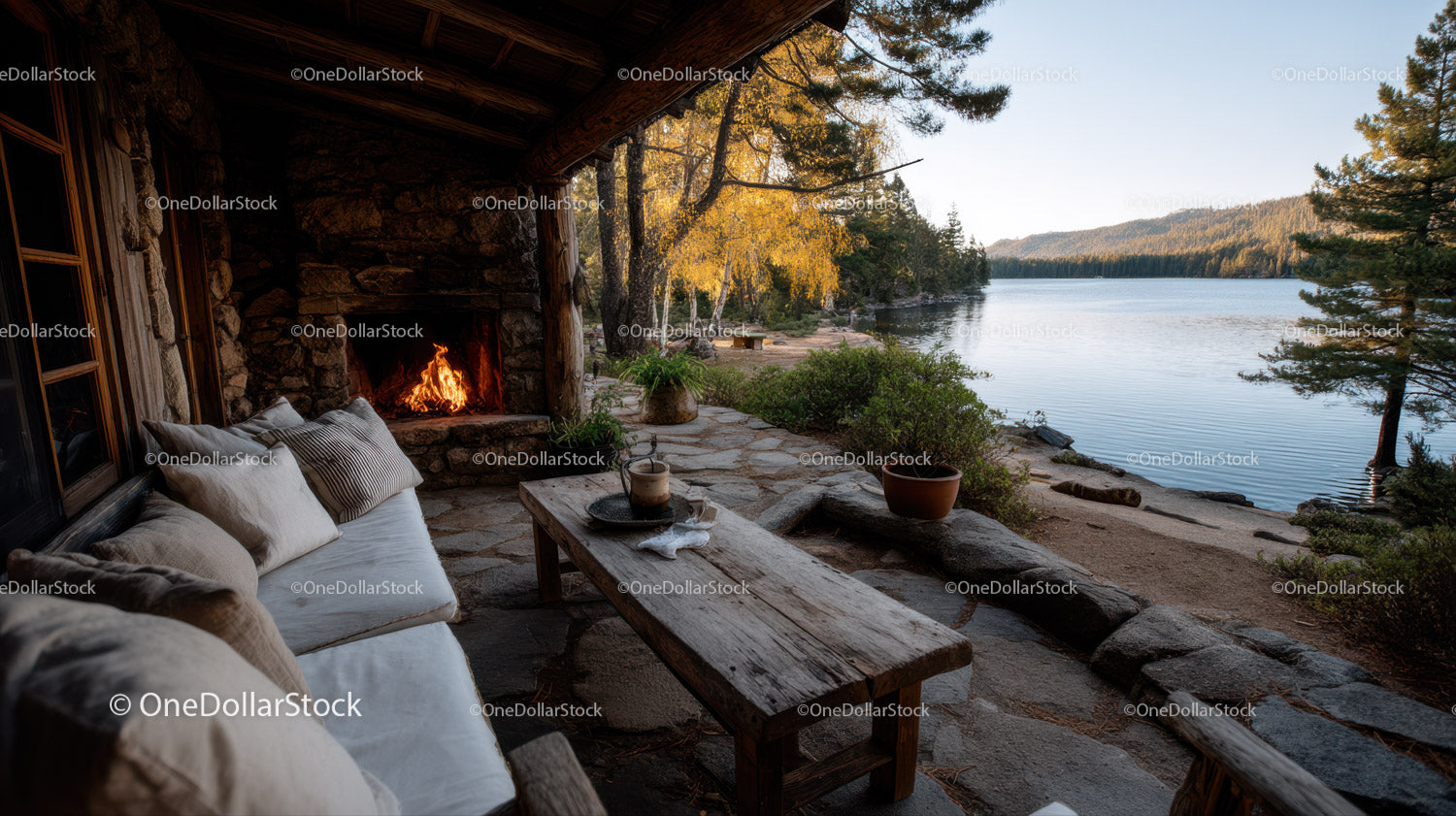 Scenic Lakeside Patio with Fire Pit and Nature Surroundings