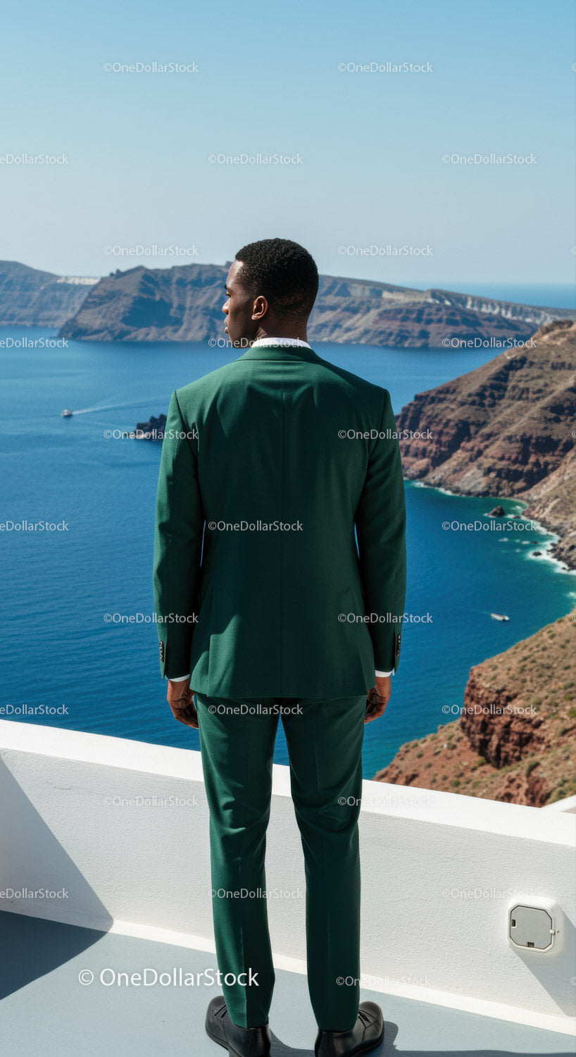 Man in Green Suit Looking at Coastal Cliffs and Sea