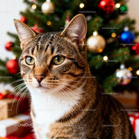 Tabby cat sitting in front of decorated Christmas tree