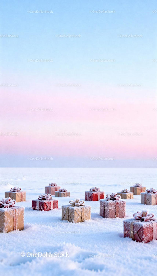 Festive wrapped gifts scattered on fresh snow