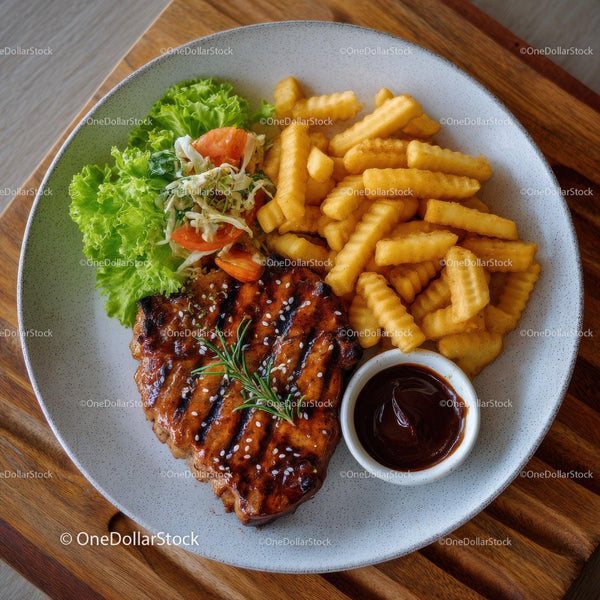 Grillowany kurczak z frytkami i świeżą sałatką warzywną