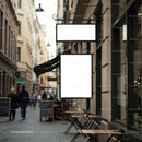 Empty white signboard above outdoor café tables on city street JPG Mockup Image preview