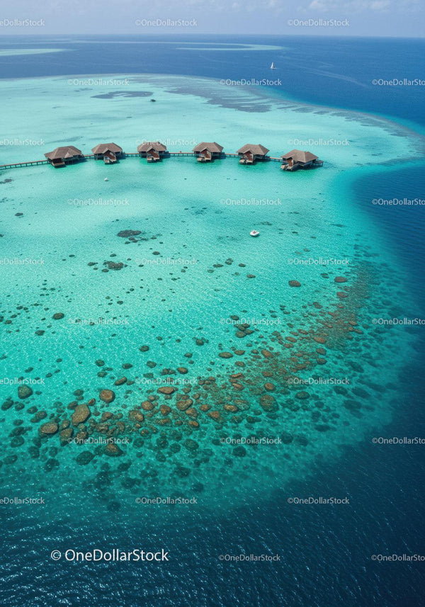 Overwater Bungalows on Vibrant Turquoise Reef with Scenic Ocean View