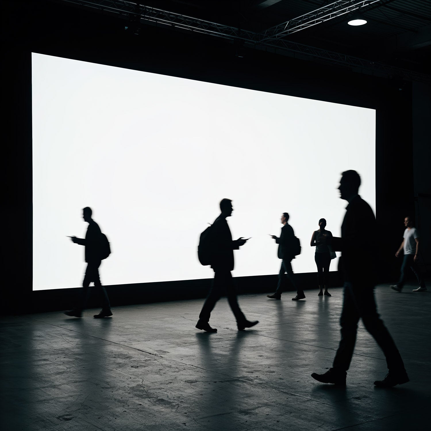 Silhouetted People Walking by Large Bright Screen