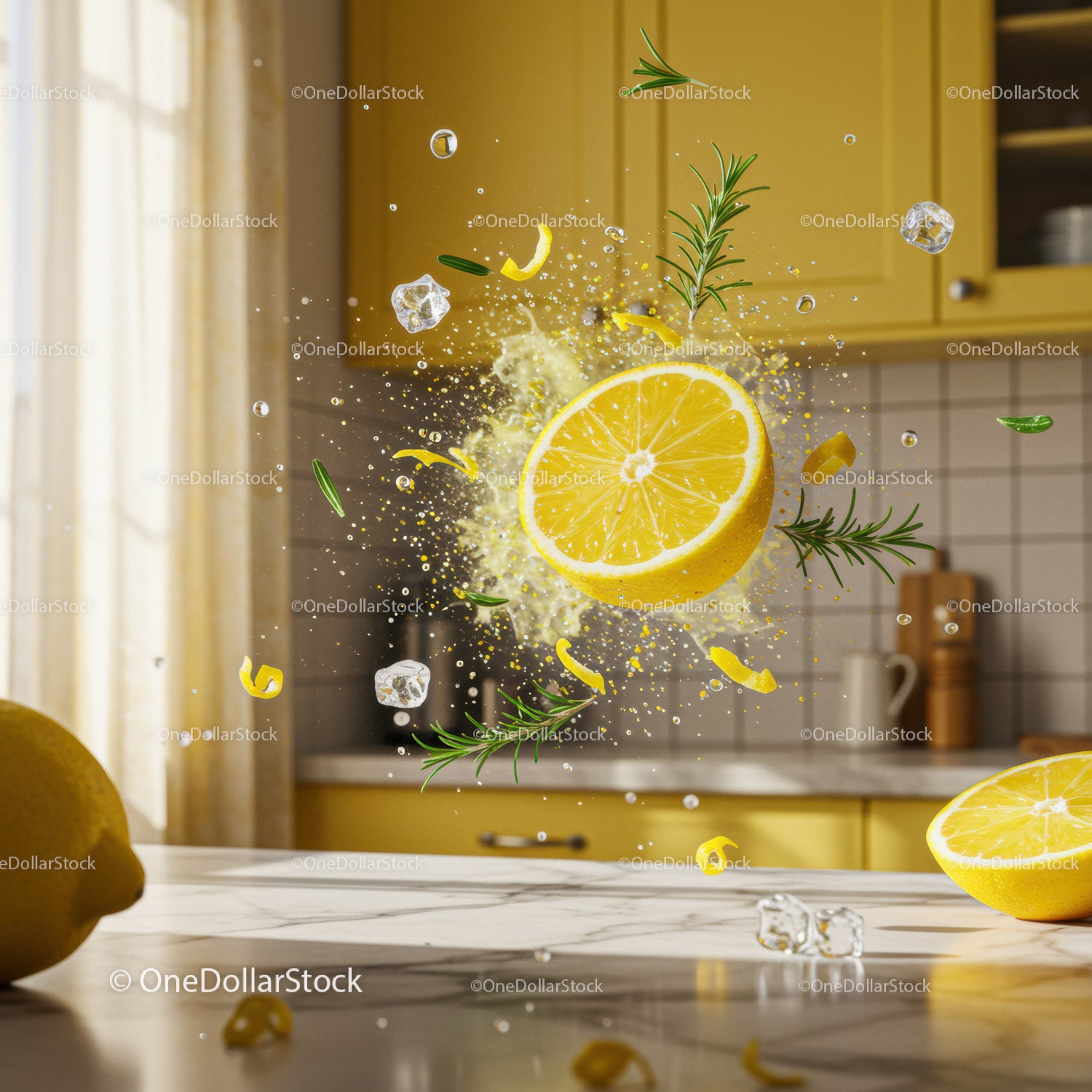 Fresh lemon with rosemary and ice in bright kitchen