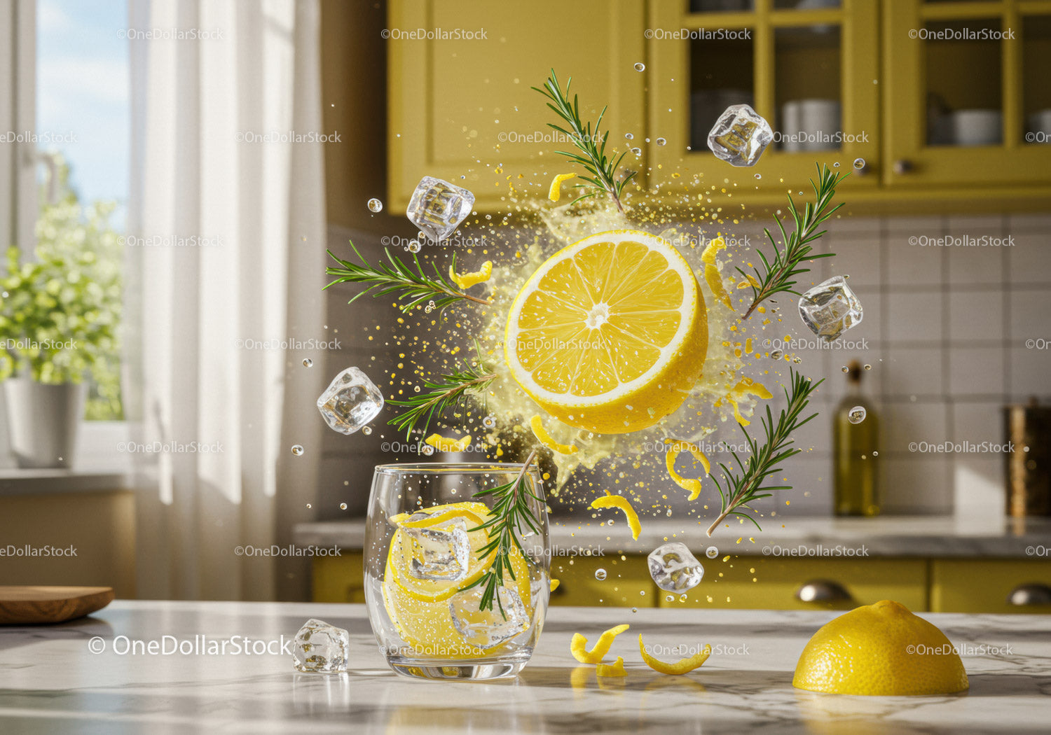 Refreshing lemon and rosemary splash in modern kitchen