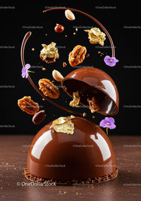 Elegant chocolate mousse dessert with nuts and gold leaf