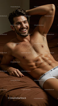 Smiling muscular man relaxing on bed in white underwear