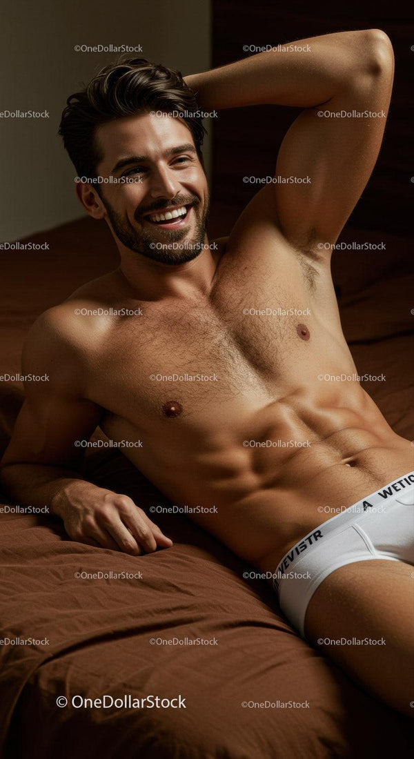Smiling muscular man relaxing on bed in white underwear