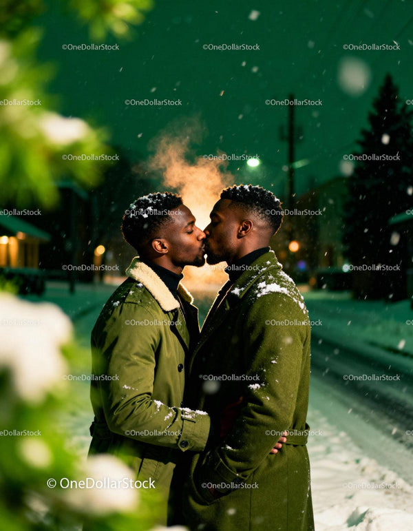 Couple Sharing a Tender Kiss on Snowy Winter Night