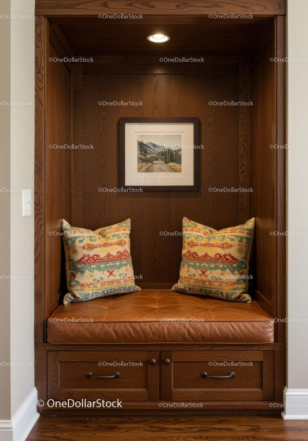Wooden Built-in Nook with Leather Cushions and Mountain Artwork