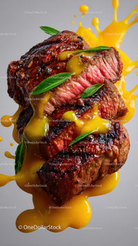 Juicy Grilled Steak with Yellow Sauce and Basil on Gray Background