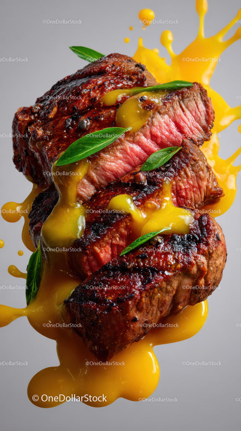 Juicy Grilled Steak with Yellow Sauce and Basil on Gray Background