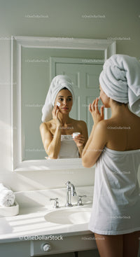Woman Applying Face Cream in Mirror in Bright Bathroom