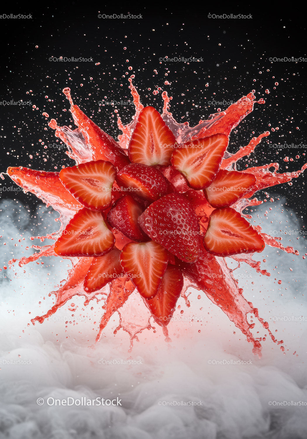 Fresh strawberries splashing with vibrant juice burst