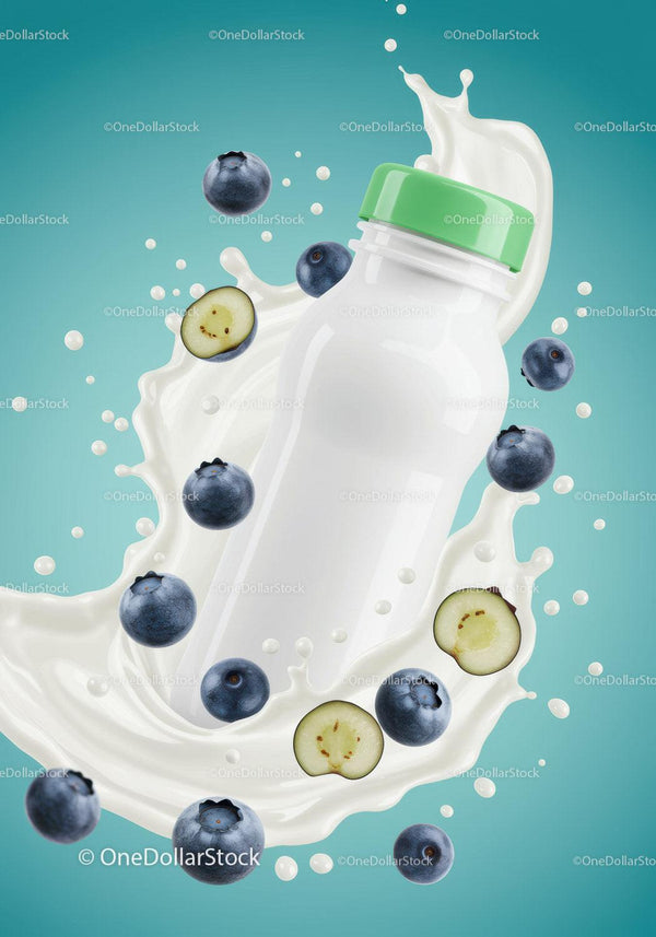 Bottle of yogurt splash with fresh blueberries JPG Mockup Image