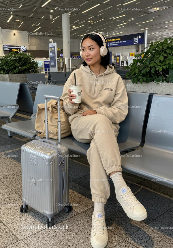Young Woman Relaxing with Coffee and Suitcase at Airport Lounge