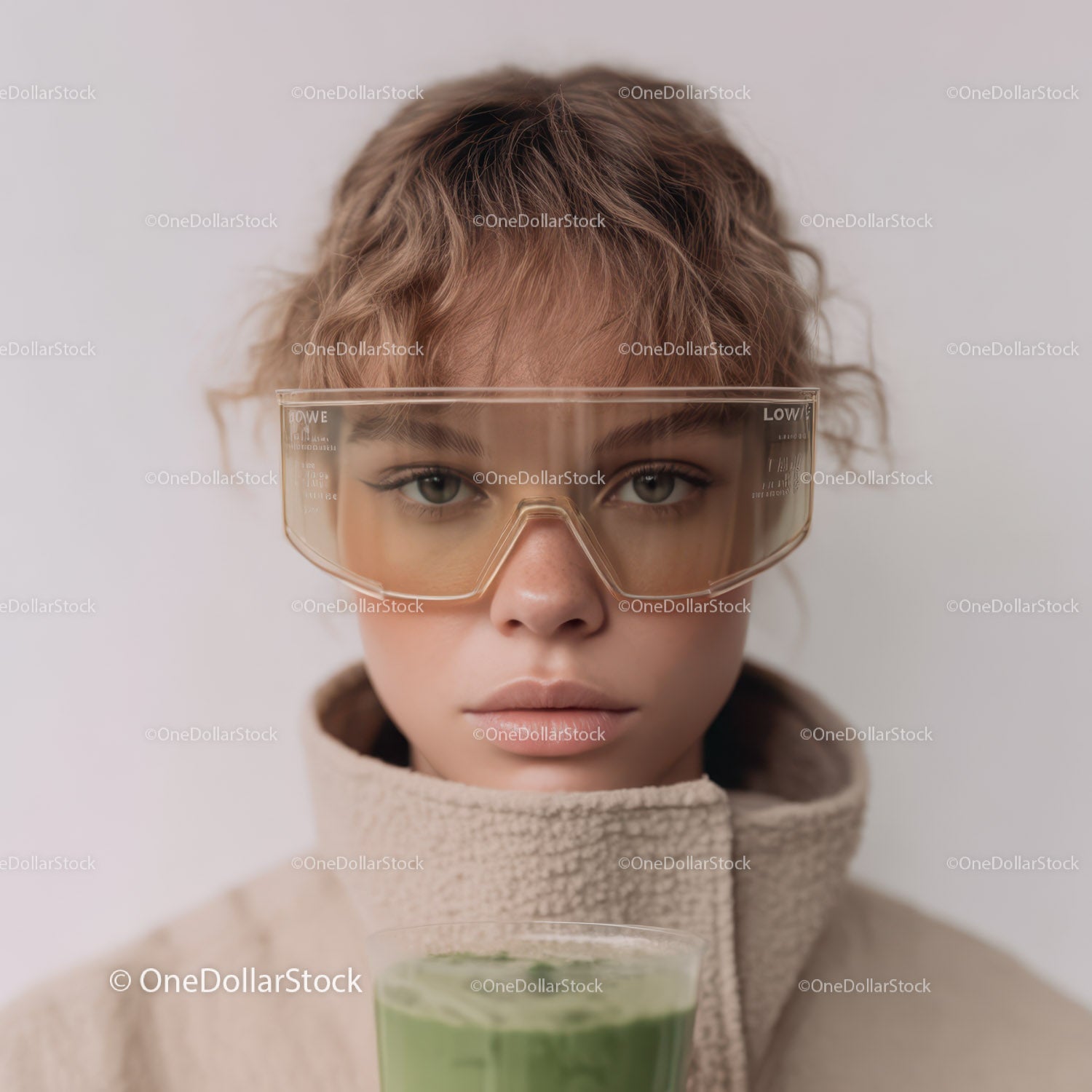 Young Woman with Curly Hair Wearing Glasses Holding Green Smoothie