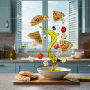 Mediterranean ingredients floating above olive oil bowl