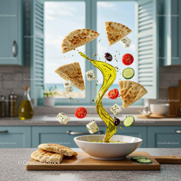 Mediterranean ingredients floating above olive oil bowl