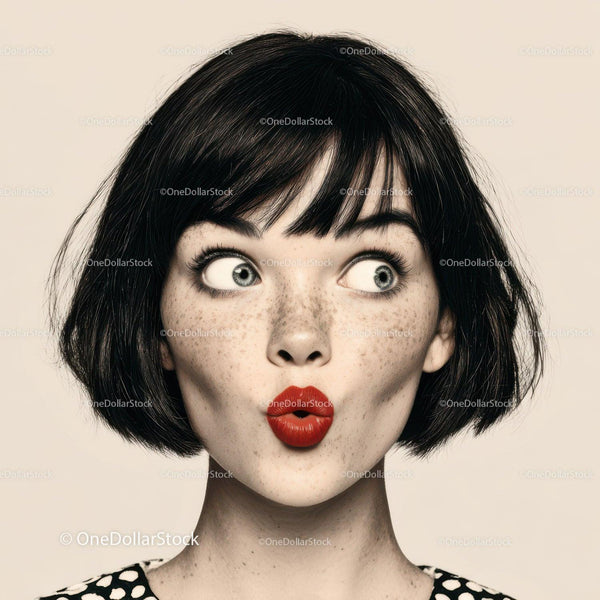 Young Woman with Freckles and Red Lipstick Making Surprised Expression