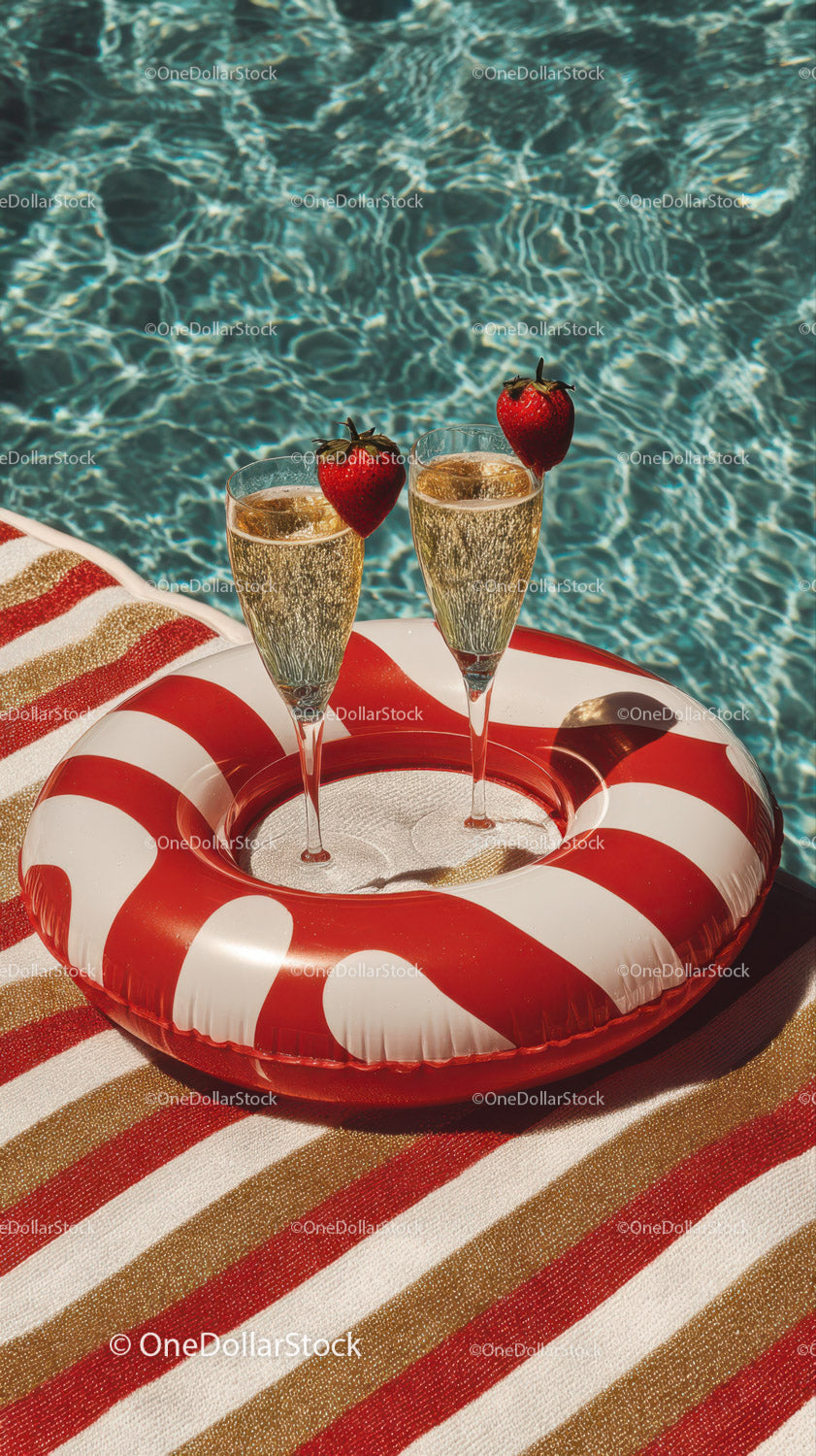 Poolside Champagne Glasses with Strawberries on Inflatable Ring