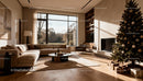 Cozy modern living room with Christmas tree and natural light