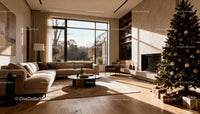 Cozy modern living room with Christmas tree and natural light