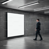 Businessman Walking Past Illuminated Blank Billboard in Modern Corridor