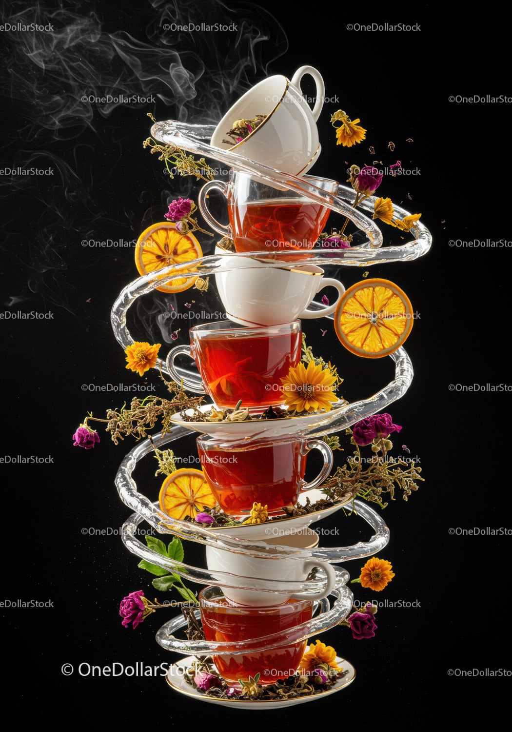 Stack of Teacups with Spiraled Water and Floating Herbs