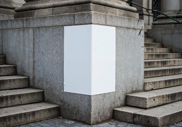 Blank white poster on urban stone stairway corner JPG Mockup Image