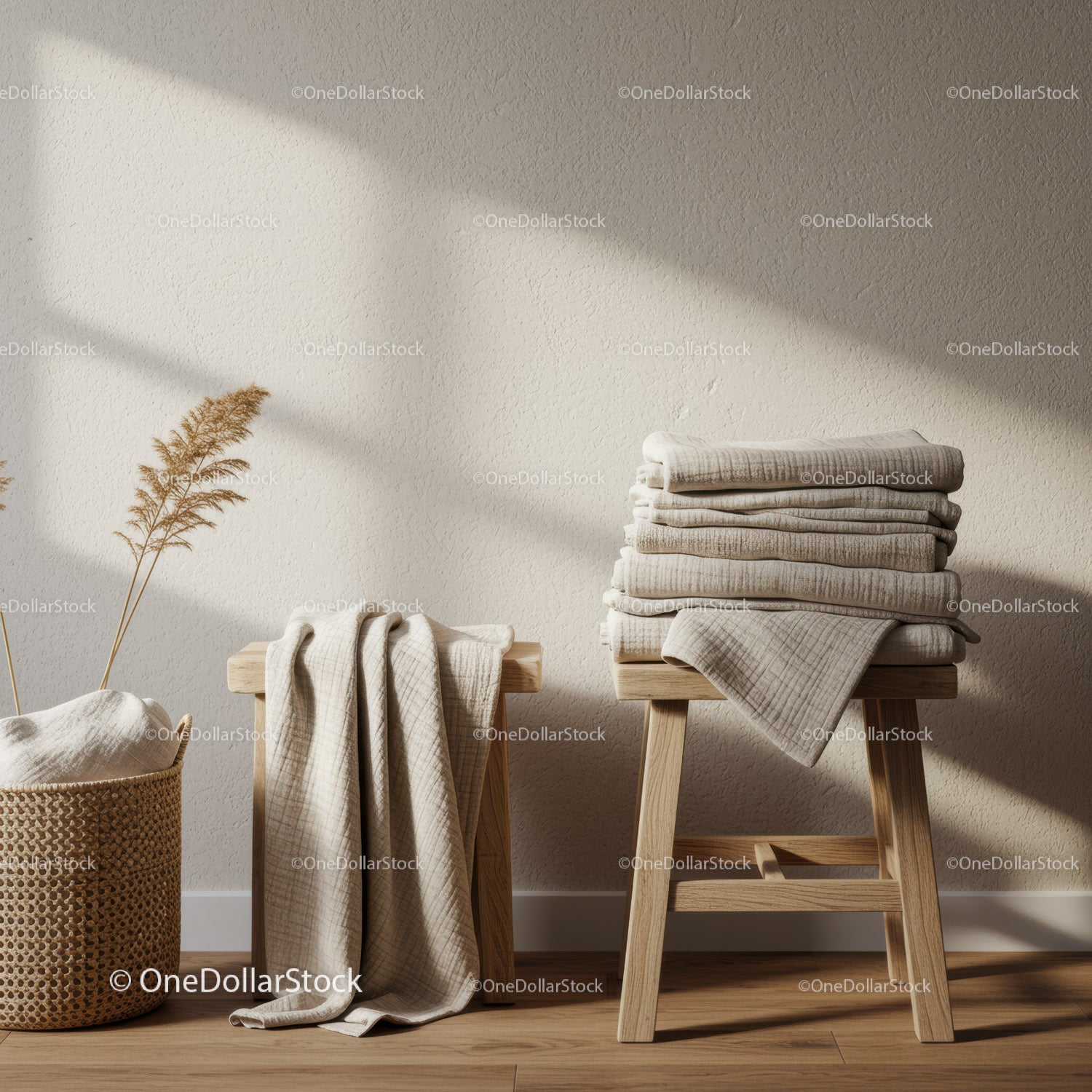 Cozy beige linens stacked on wooden stools in soft light