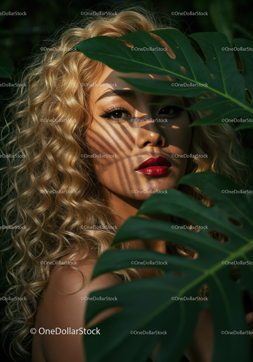Glamorous Woman with Curly Blonde Hair Among Tropical Leaves