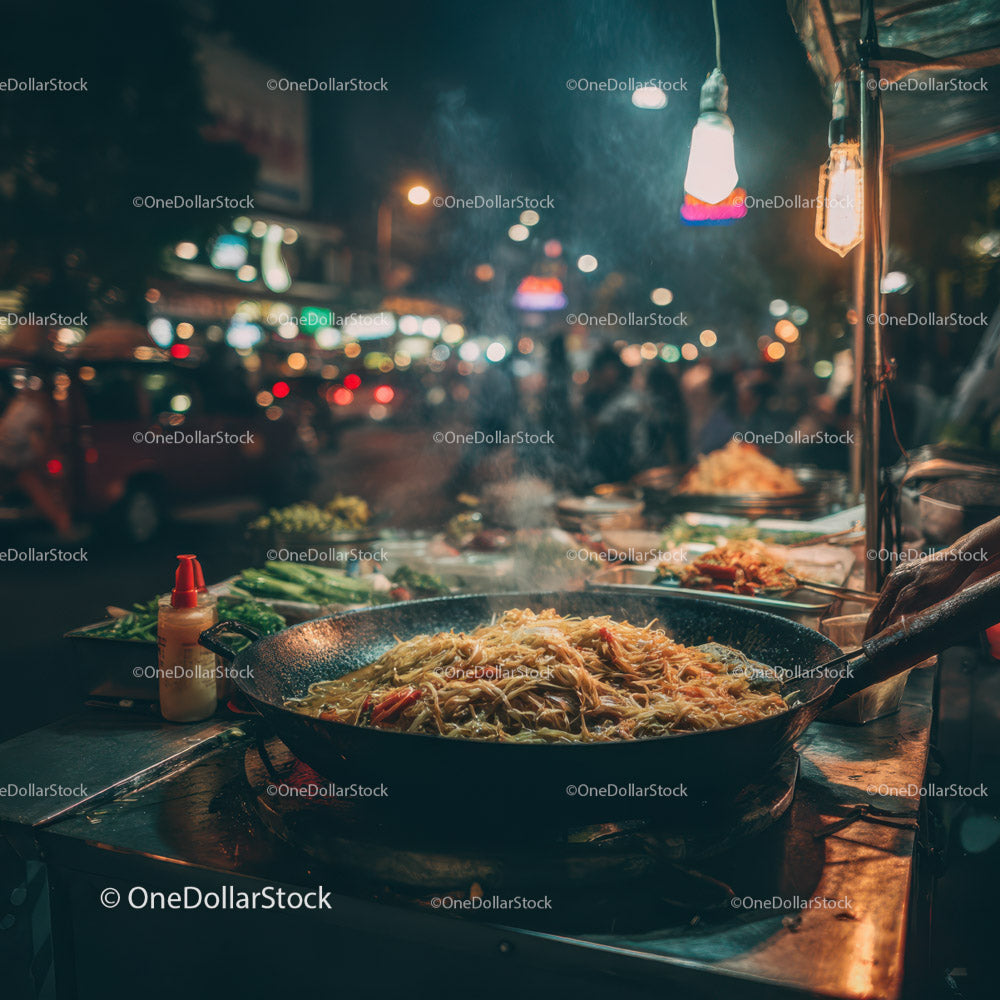 Vibrant Street Food Stall with Hot Noodles Cooking at Night
