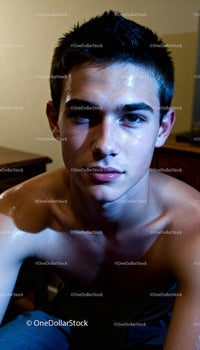 Young man with shiny skin in intimate low light setting