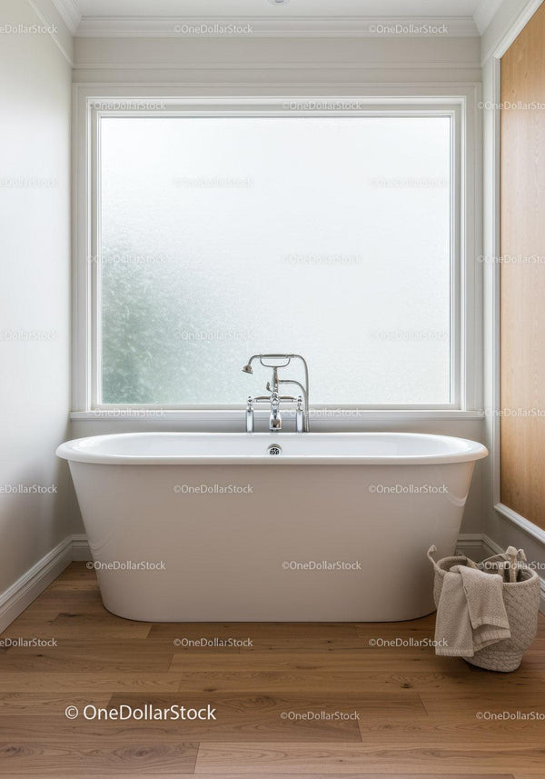 Elegant Modern Freestanding Bathtub with Frosted Window in Bright Bathroom