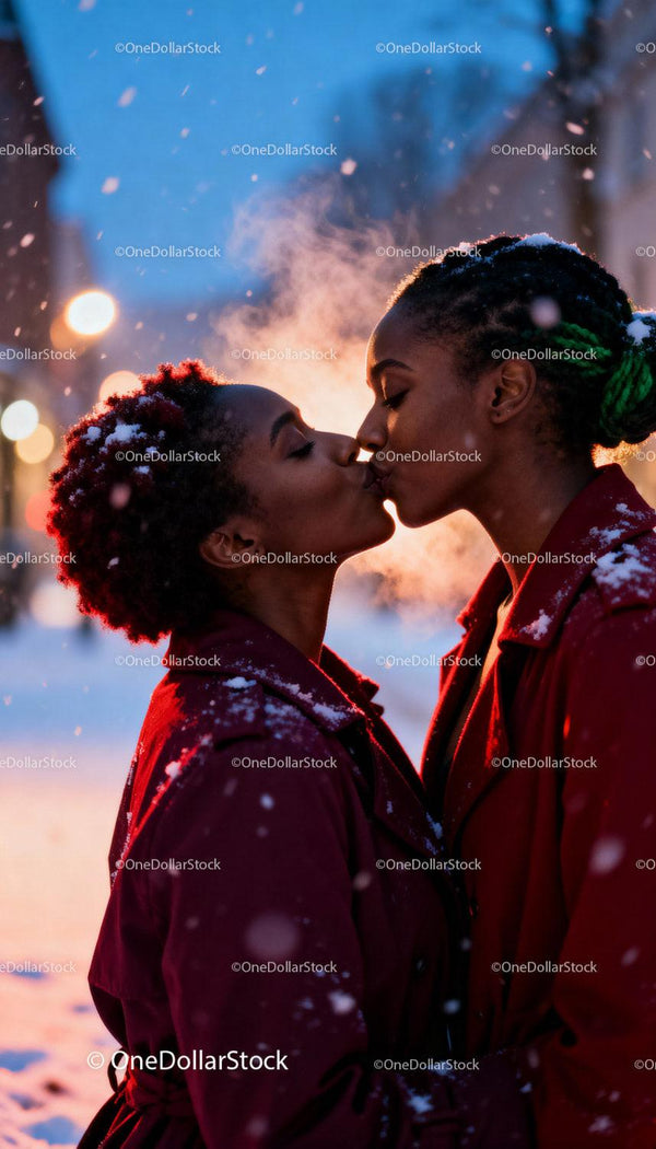 Winter Evening Kiss Between Loving LGBTQ Couple