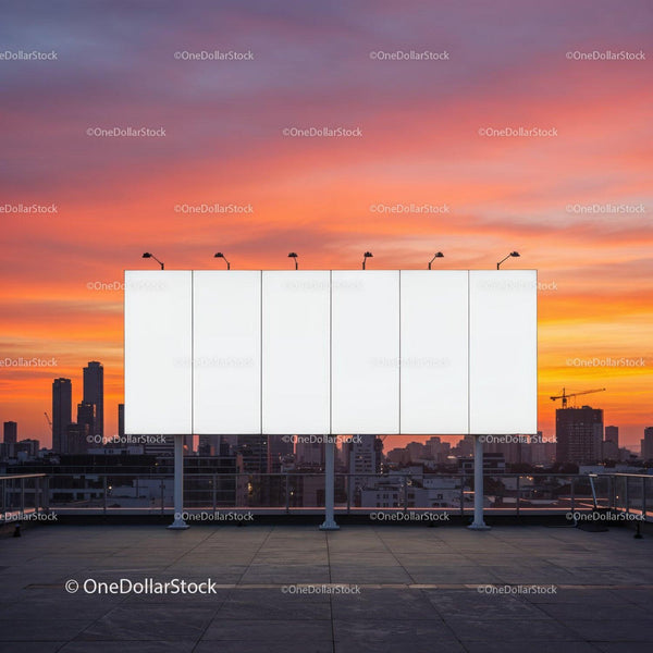 Blank Advertising Billboard on Rooftop Against Sunset Sky JPG Mockup Image