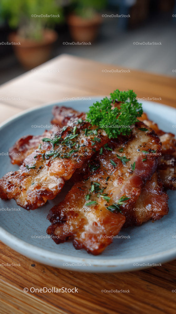 Grilled Pork Belly with Parsley Garnish on a Rustic Plate
