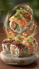 Colorful Sushi Rolls with Salmon and Tempura on Stone Plate