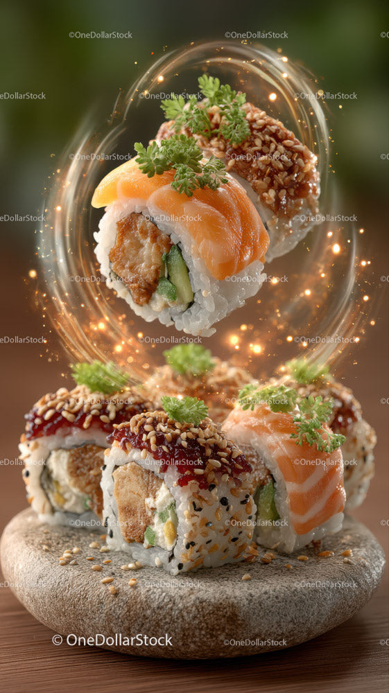 Colorful Sushi Rolls with Salmon and Tempura on Stone Plate