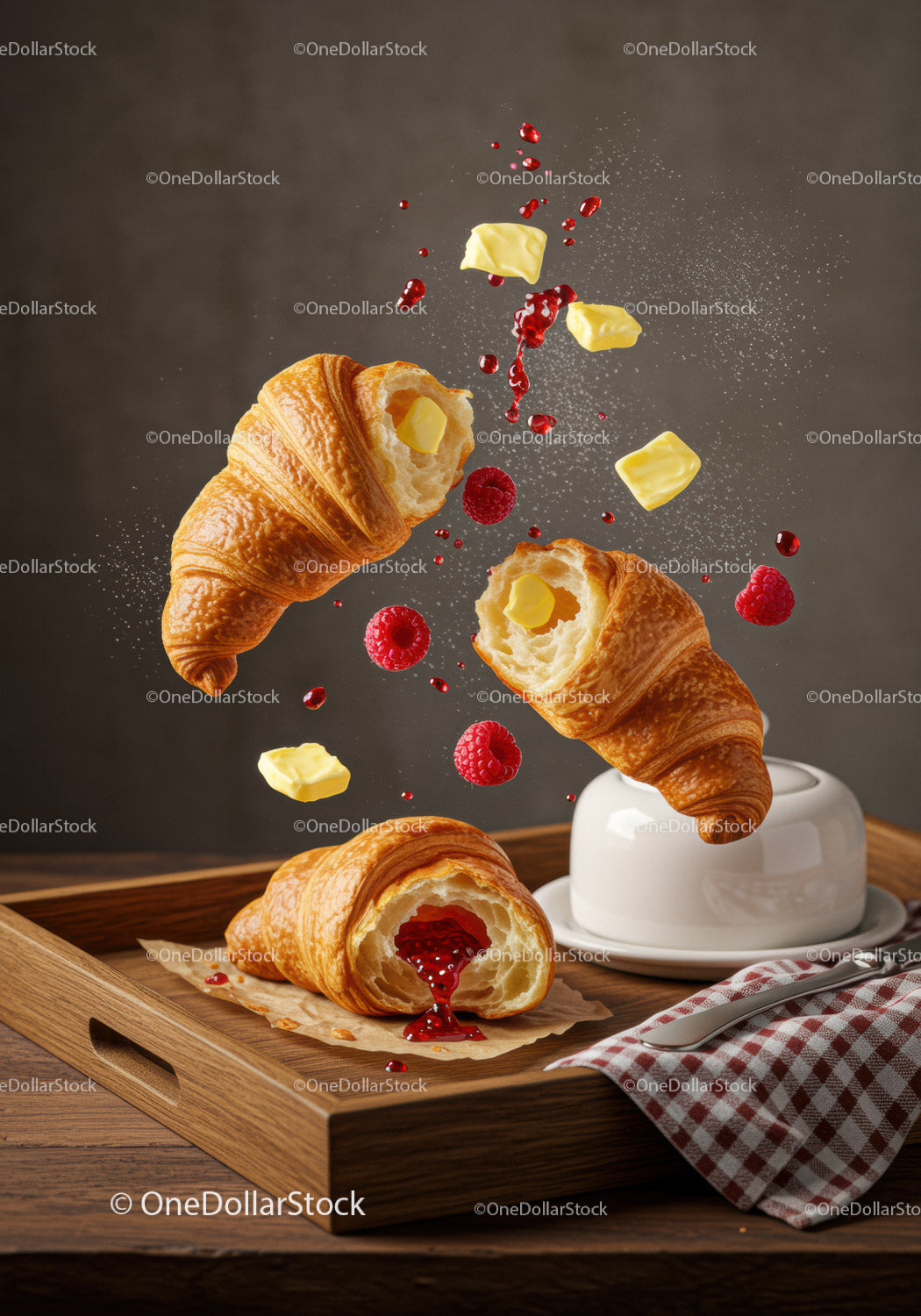 Fresh croissants with raspberry jam and melting butter