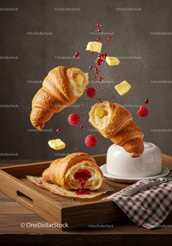 Fresh croissants with raspberry jam and melting butter