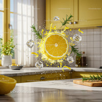 Fresh lemon splash with rosemary and ice cubes in kitchen