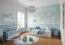 Light-filled Blue and White Children's Bedroom with Cloud Decor and Toys