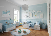Light-filled Blue and White Children's Bedroom with Cloud Decor and Toys