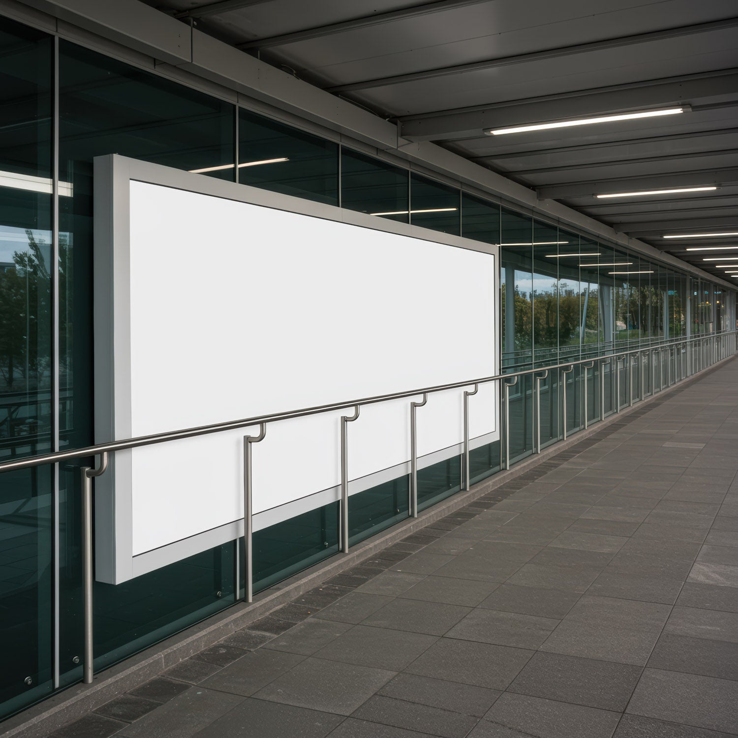Pusty, nowoczesny billboard na szklanej ścianie w miejskim korytarzu