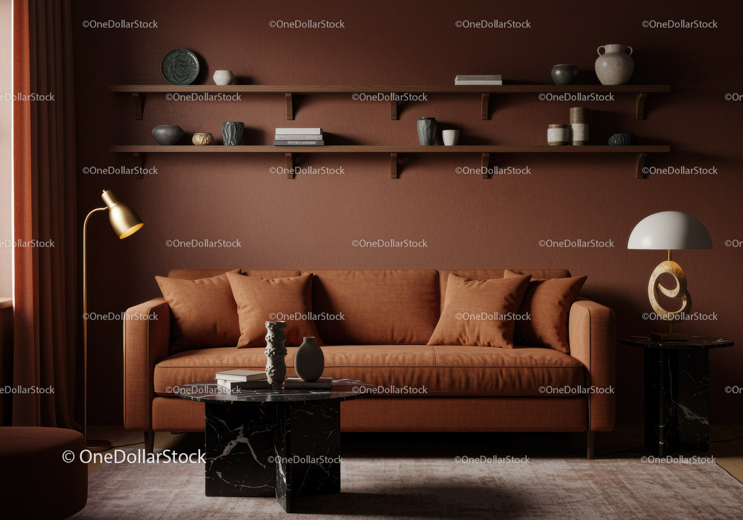 Cozy modern living room with warm terracotta sofa and decor