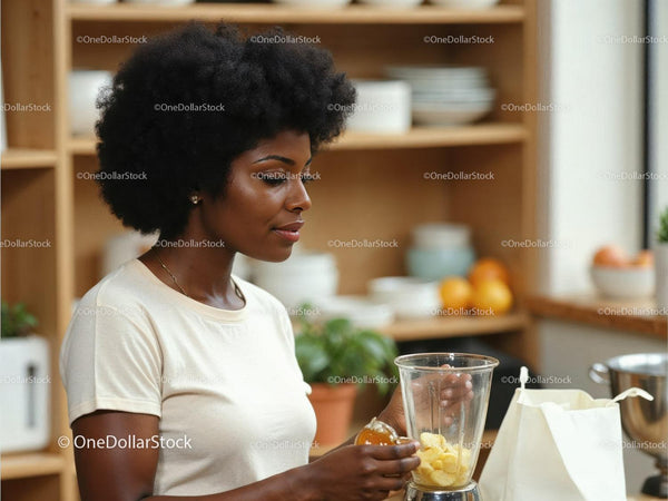 Afroamerykańska kobieta miksująca smoothie w nowoczesnej kuchni