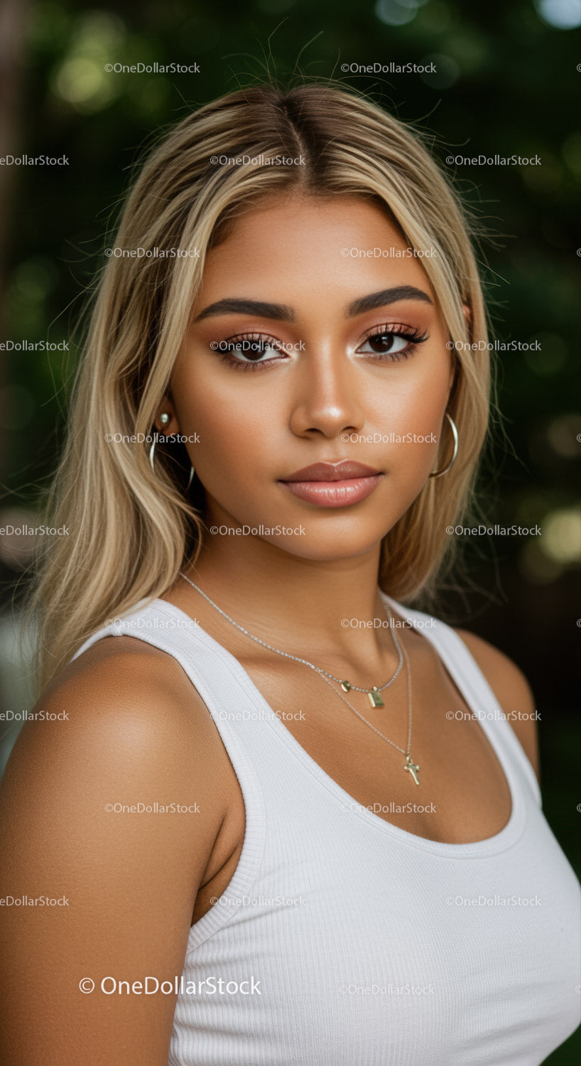 Calm young woman with natural makeup and blonde hair